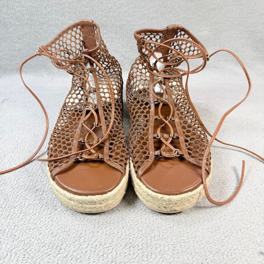 Gianvito Rossi Womens 39 Brown Leather Mesh Lace Up Espadrille Platform Sandals